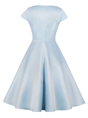 1950s Retro Vintage Boat Neck Cocktail Swing Dress Cap-Sleeve
