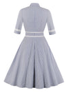 1950's Classic Striped Light Blue Wear to Work Retro Swing Dress Back View