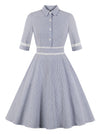 Vintage Retro Half Sleeve Striped Casual Wear to Work Dress with Pocket