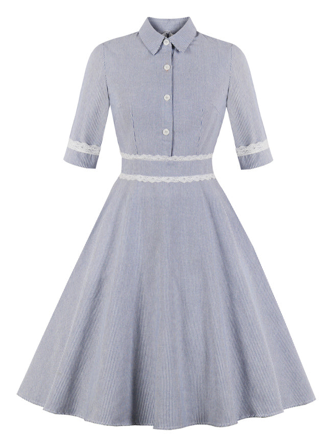 1950's Classic Striped Light Blue Wear to Work Retro Swing Dress Back View