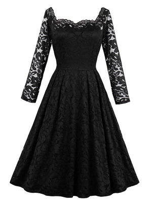 Elegant Long Sleeved Formal Cocktail Party Floral Lace Dress Main View