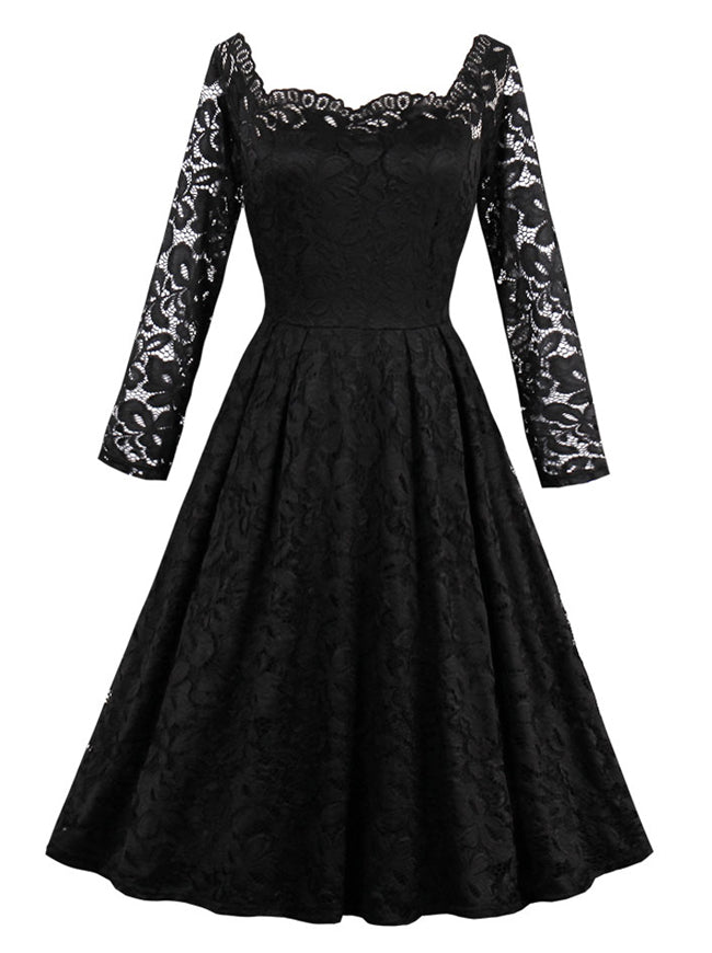 Elegant Long Sleeved Formal Cocktail Party Floral Lace Dress Main View