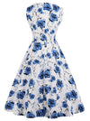 White Blue Vintage Floral Print A-Line Spring Garden Mini Dress for Women Back View