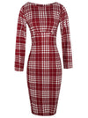 Elegant Red Houndstooth Long Sleeve Bodycon Knee Length Style Office Party Dress for Women Main View