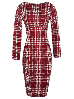 Elegant Red Houndstooth Long Sleeve Bodycon Knee Length Style Office Party Dress for Women Main View
