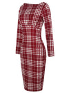 Red Classic Plaid Print Colorblock Party Bodycon One-Piece Casual Church Midi Dress Side View
