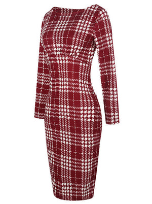 Red Classic Plaid Print Colorblock Party Bodycon One-Piece Casual Church Midi Dress Side View