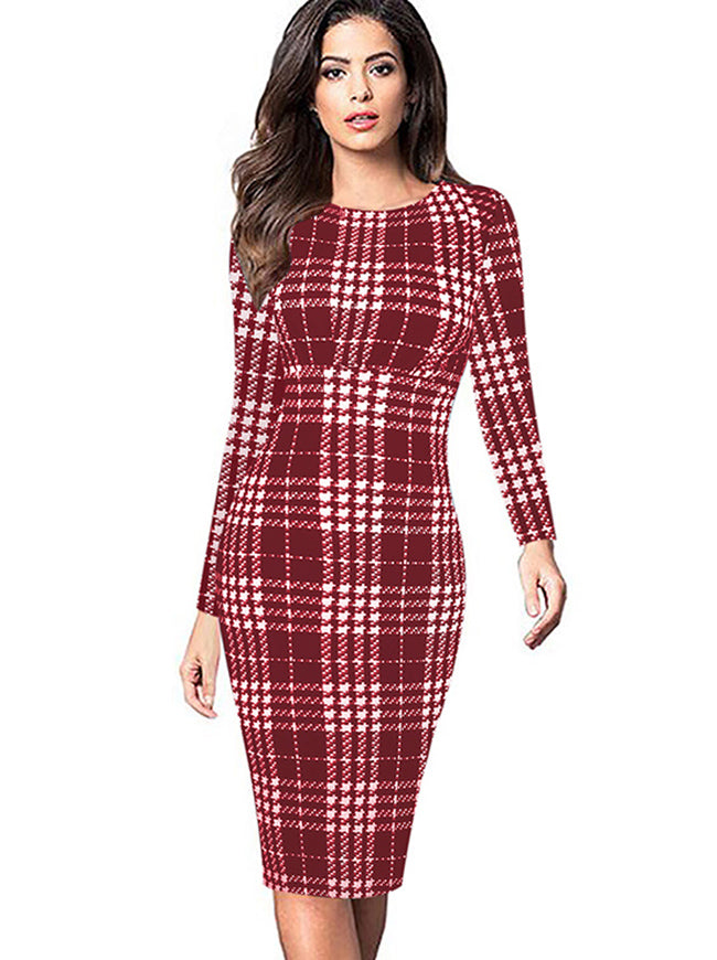 Elegant Chic Long Sleeve Striped Business Cocktail Pencil Dress Show Model Main View