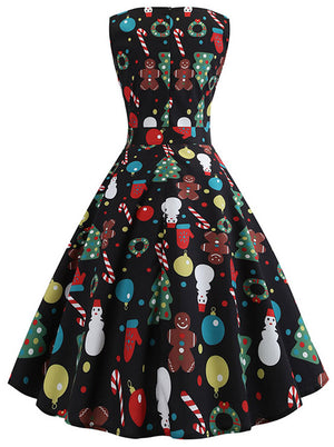 Red and Green Vintage 1950s Style Christmas Pattern Sleeveless Cocktail Party Dress for Women Back View
