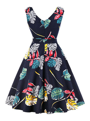 Purple Blue Casual V-Back Backless Sleeveless Leaf Print Midi Vintage Swing Tea Dress for Women Back View