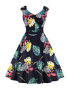 Vintage V Neck Sleeveless Leaf Print Cocktail Party Swing Dress Main View
