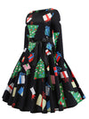 Black Skater Multicolored Printed Knee Length Casual Fall Tea Swing Dress for Women Side View