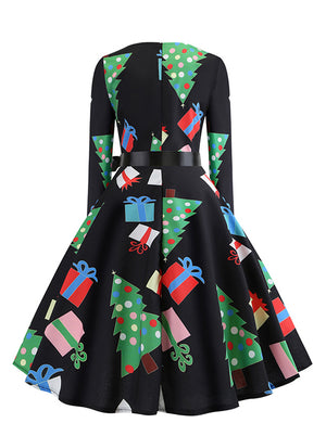 Green Black Retro Style Xmas Tree Printed A-Line Cocktail Party Dress for Women Back View