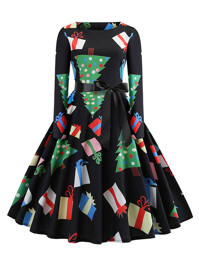Retro Style Simple Green Pattern Knee Length Christmas Holiday Dress with Black Belted Detail View