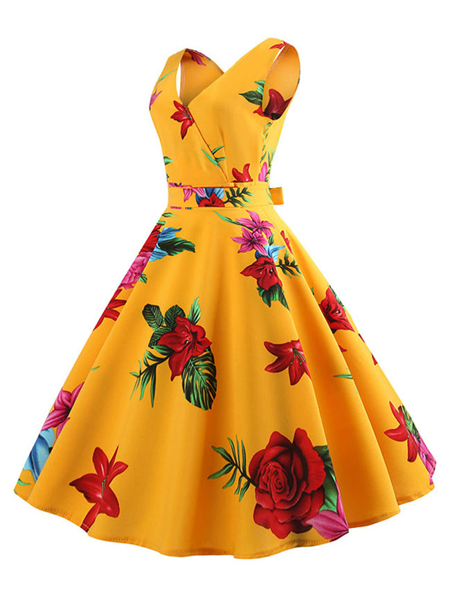 Vintage 1950s Style Swing Floral Printed Casual Yellow V-Neck Cocktail Party Dresses for Women Juniors Side View
