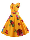 Vintage 1950s Style Swing Floral Printed Casual Yellow V-Neck Cocktail Party Dresses for Women Juniors Side View