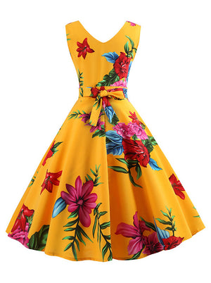 Vintage Evening Wear Floral Tea Length Cocktail Floral Bridesmaid Dresses for Women with Belt Back View