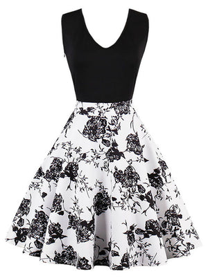 Vintage Floral Print V Neck Sleeveless Cocktail Swing Dresses