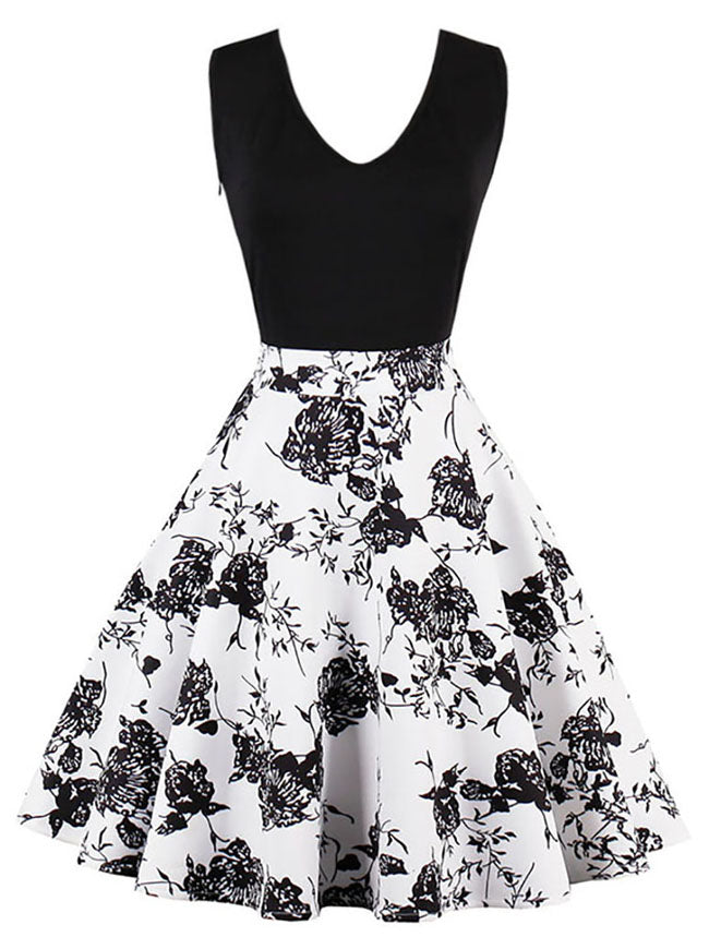 A-line Cocktail Party Swing Floral Vintage Retro Plus Size Dress for Girls Detail View