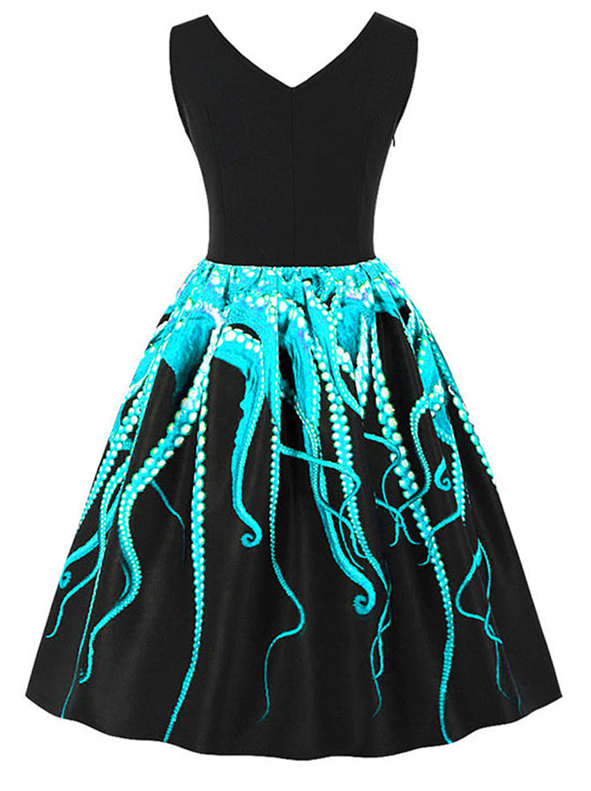 Octopus Printed Vintage Cocktail Knee Length Casual Flare Black Halloween Skater Swing Dress Back View