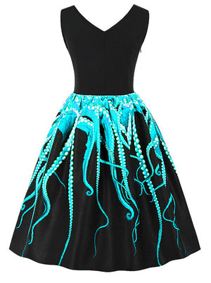 Octopus Printed Vintage Cocktail Knee Length Casual Flare Black Halloween Skater Swing Dress Back View