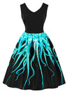 Vintage Style V-neck Sleeveless Unique 3D Digital Octopus Tentacle Print Casual Swing Dress