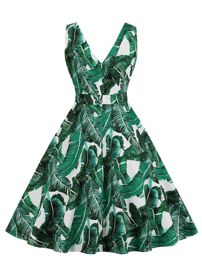 Vintage Inspired Full Circle Flare Skirt Green Knee Length Dress Back View