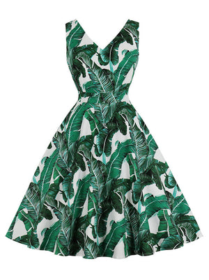 1950s Sleeveless V-Neck Leaf Pattern Summer Midi Tank Dress