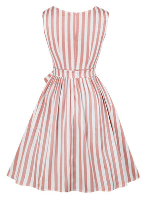 Vintage Floral Coral Round Neck Fit Flared Elegant Sleeveless Tea Length Swing Dress Back View