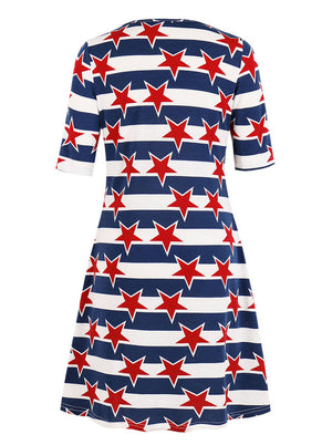 Juniors Casual Blue Stripe Print T-Shirt Short Sleeve Round Neck Swing Loose Dress Detail View