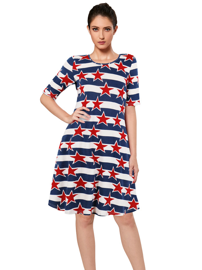 Women Casual Summer Tunic Blue Stripe T-Shirt Plus Size Short Dress Detail View
