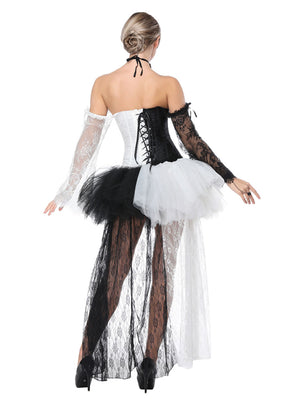 Black White Gothic Jacquard Sweetheart Overbust Corset With Ruffled Dress Model Show Back View