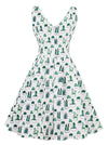 Elegant Floral Cocktail Evening Casual Homecoming Green Floral Print Vintage 1950s Style Dress Back View