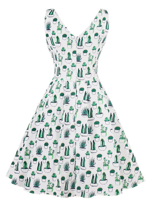 Elegant Floral Cocktail Evening Casual Homecoming Green Floral Print Vintage 1950s Style Dress Back View