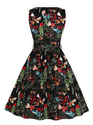 Vintage Swing Elegant Butterfly Pattern Sleeveless A-Line Casual Cocktail Party Black Tea Length Dress Detail View