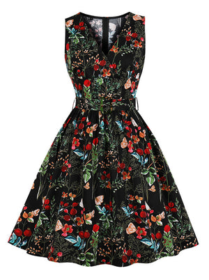 Sleeveless V-Neck Vintage Printed Casual Swing Tea Dress with Belt