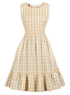 Vintage Rockabilly Plaid Sleeveless Ruffled Summer Dress with Pocket