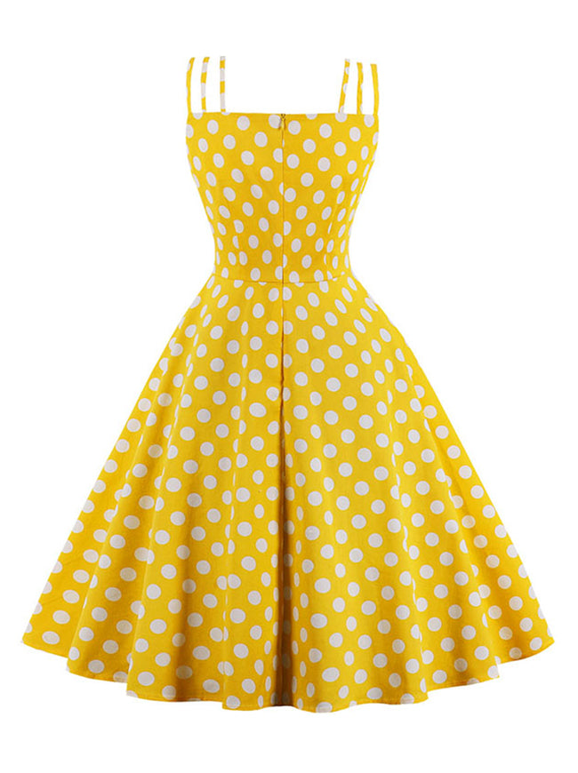 Vintage Polka Dot Printed Yellow Backless High Waist Knee Length Evening Dress for Women Back View