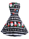 Elegant Black Santa Printed Fit and Flared Halloween Party Dress for Women Back View