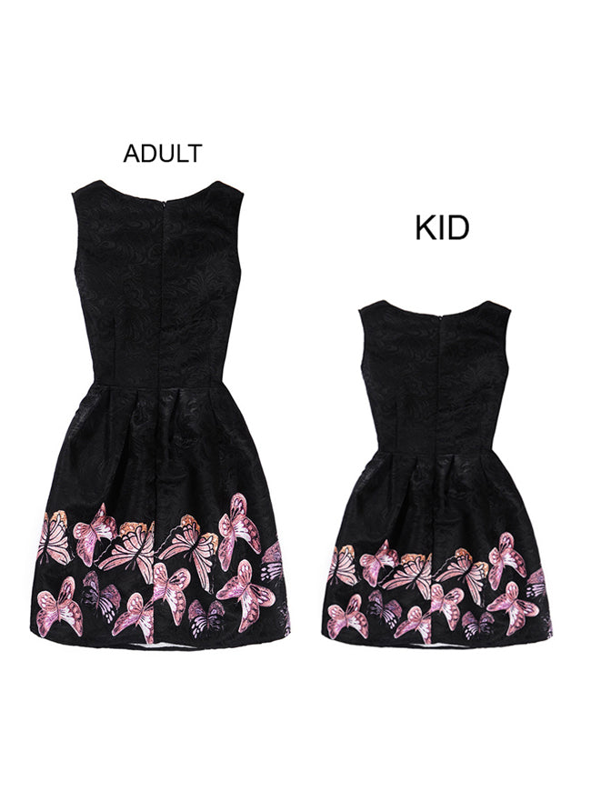 Black Purple Vivid Butterfly Floral Pattern Round Neck Sleeveless A-Line Matching Family Birthday Dress for Adult and Child Back View