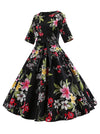 Elegant Vintage Half Sleeve Round Neck Audrey Hepburn Style Holiday Dress Black for Women Side View