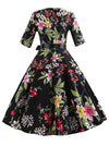 Vintage Style Lily Floral Printed Full Circle Flared Black Junior Spring Homecoming Midi Dress Back View