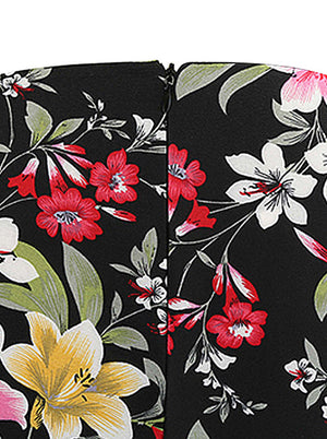 Colorful Vintage Flower Print Round Neck Fashion Rockabilly Black Evening Club Wear Midi Dress for Women Detail View