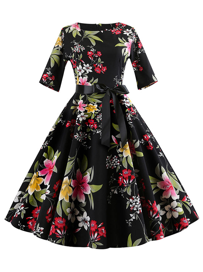 Vintage Half Sleeve Flared Lily Floral A-Line Tea Swing Dress Main View