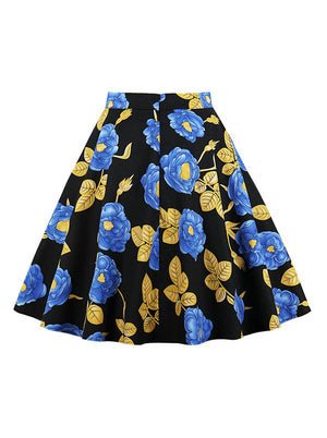Blue Floral 1950s Inspired High Waisted Full Circle Skirts for Womens Back View