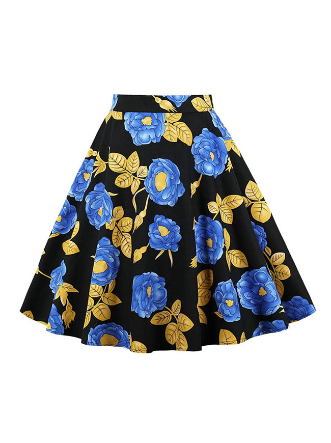 Black Floral A Line Knee Length Yellow Cotton Skater Casual Skirts for Women Detail View