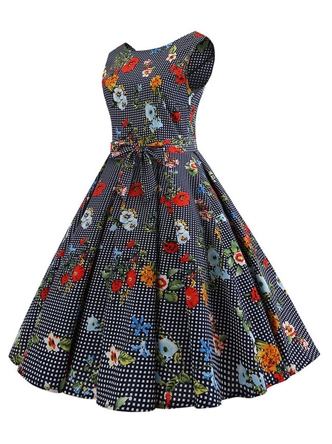 1950s Retro Sleeveless Round Neck Audrey Hepburn Cocktail Casual Dress Black White for Women Side View