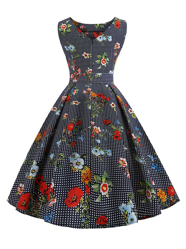 Black 1950's Floral Vintage Christmas Party A-line Swing Dress with Belted for Women Back View