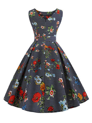 Black 1950's Floral Vintage Christmas Party A-line Swing Dress with Belted for Women Back View