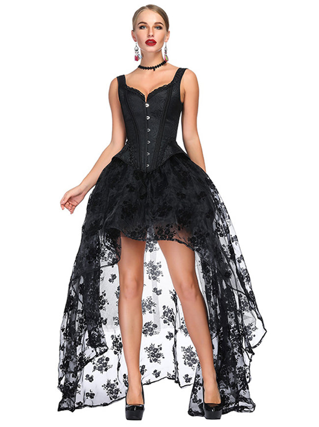 Black Tops Halloween Costumes Overbust Corsets with Skirt Set for Women Model Show Main View
